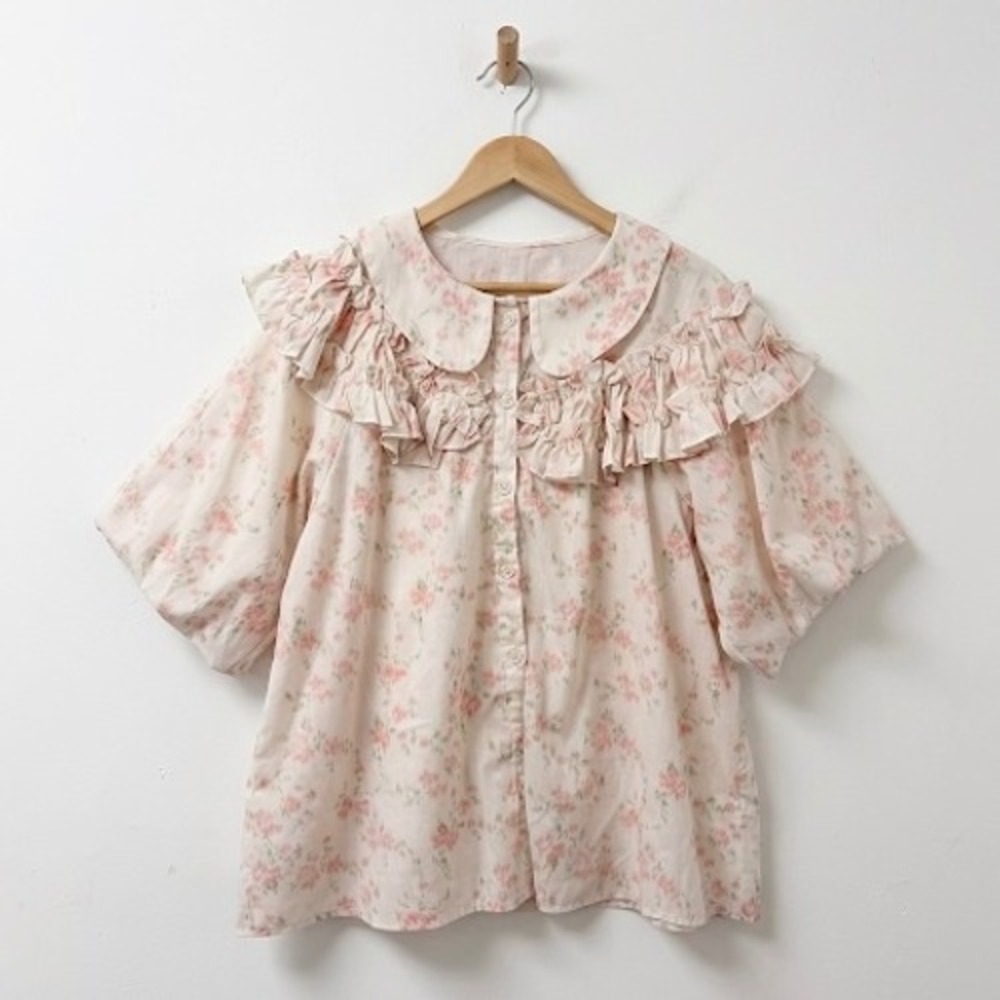 Jennifer Pink Floral Button Down Ruffle Blouse Puff Sleeve Cottagecore Coquette
